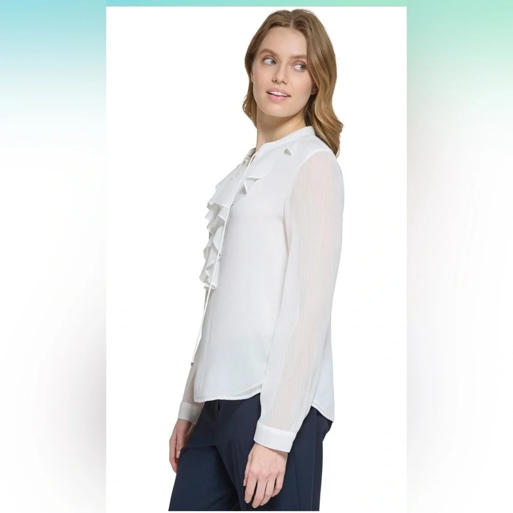 TOMMY HILFIGER Women's Classic Long Sleeve Ruffle Front Blouse - Ivory - Picture 3 of 9